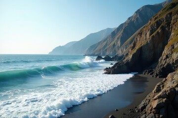 Obraz premium Steep, rugged slopes meeting the waves crashing on the shore , slope, crashing, coastal