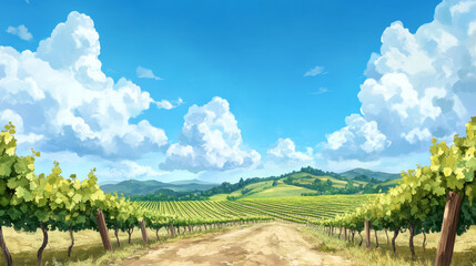 Naklejka premium bright sunny vineyard with rows of grapevines stretching into distance under clear blue sky and fluffy clouds, creating serene and picturesque landscape