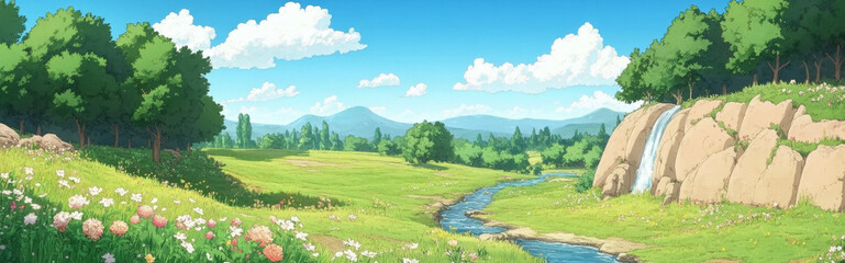 calming anime scene of tranquil forest with towering trees, gentle stream flowing through lush meadow, and small waterfall cascading over rocks under clear blue sky