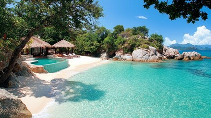 Fototapeta premium Luxury Tropical Island Getaway: Secluded Beach Villa with Private Pool and Breathtaking Ocean Views