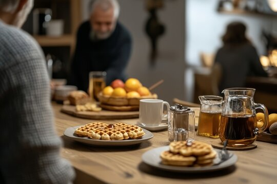 Friends enjoying a Valentine’s Day brunch with pancakes, fruit, and coffee. The plates have heart, Generative AI