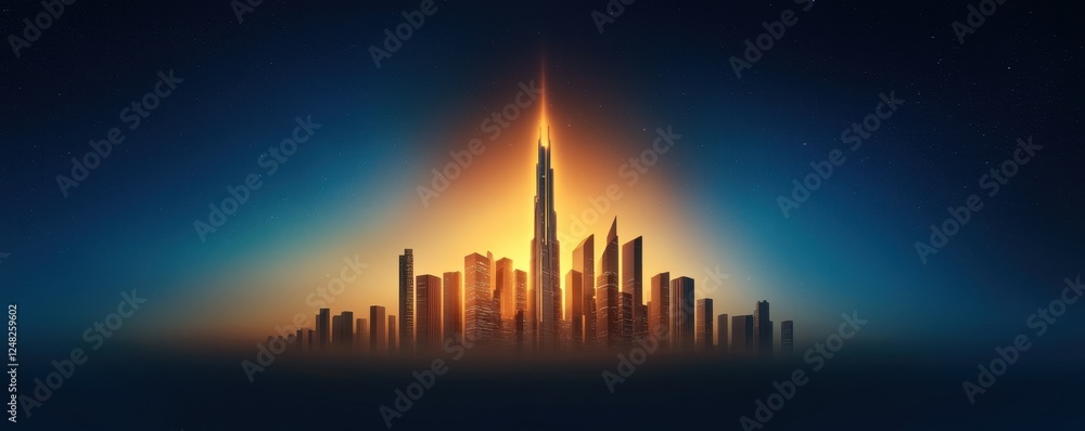 Poster a stunning skyline features a towering structure illuminated by a fiery sunset, casting a warm glow 