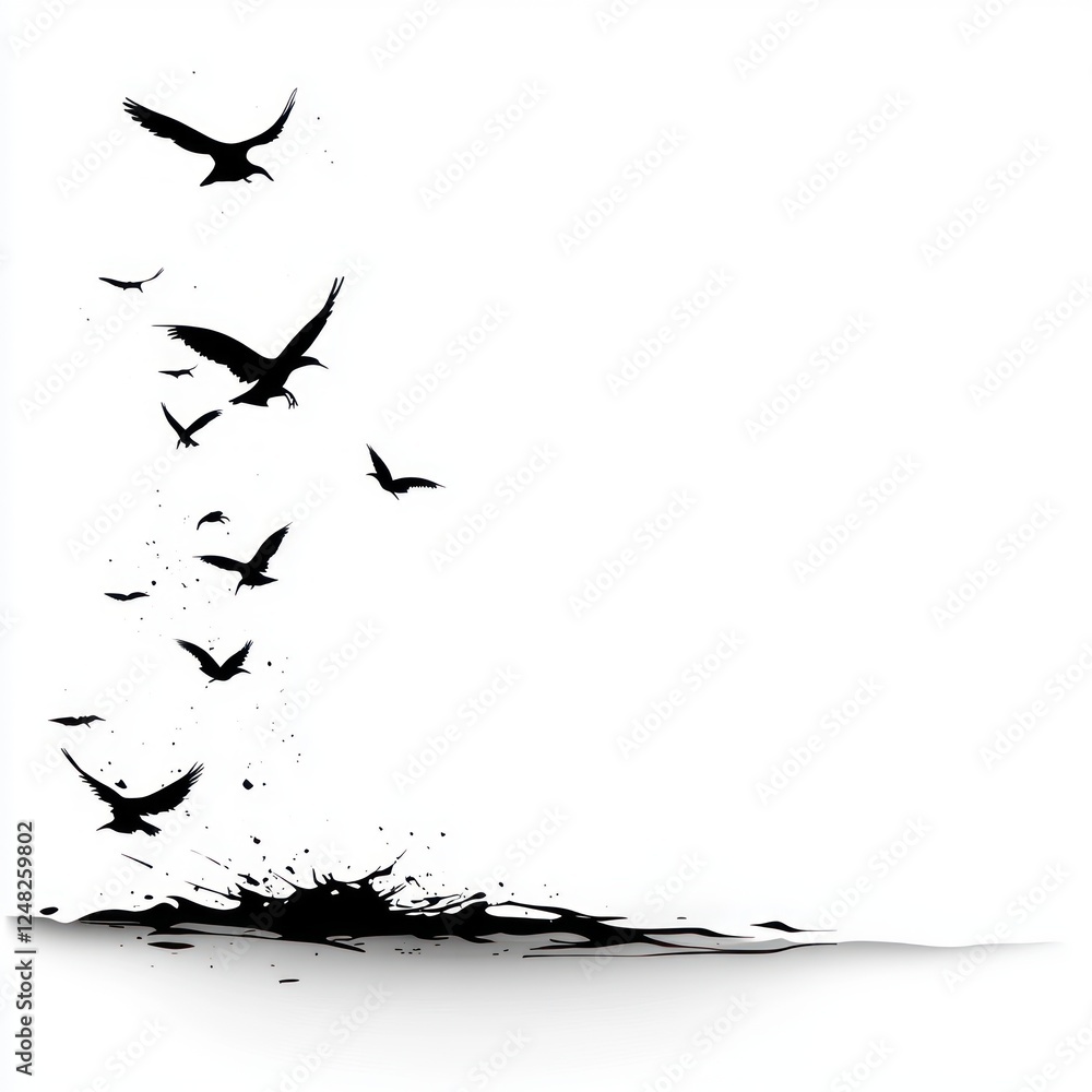Aufkleber Black Silhouette of Birds in Flight Creating an Artistic Abstract Splatter Effect on a White Background