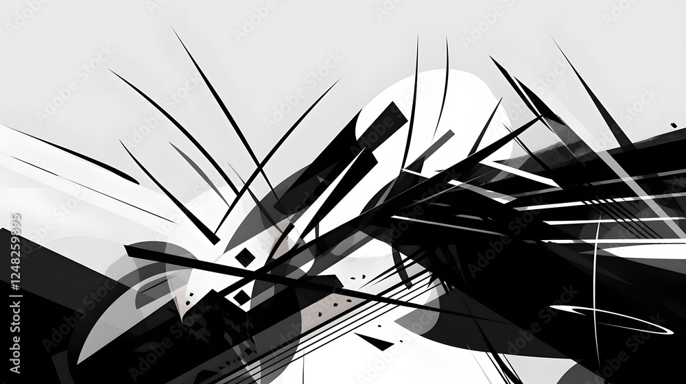 Aufkleber abstract black and white composition, sharp angular lines creating dynamic movement, suitable for mo