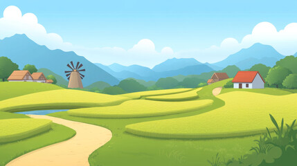 serene anime style depiction of Japanese countryside features lush green fields, winding path, traditional houses, and windmill under clear blue sky