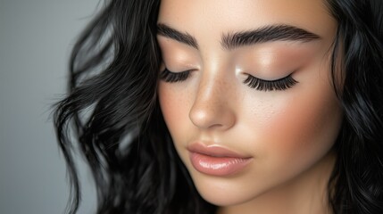 Fototapeta premium Woman with long wavy jet black hair, closed eyes, full mink lashes, and glam makeup