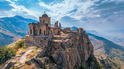 Ancient monastery perched on rocky hills under a cloudy sky in Armenia showcases historical architecture and stunning landscapes