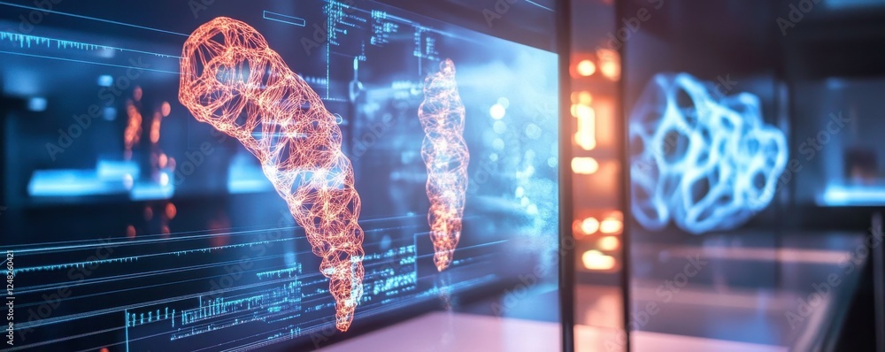 Poster a futuristic display showcases glowing biological data, emphasizing digital technology and scientifi