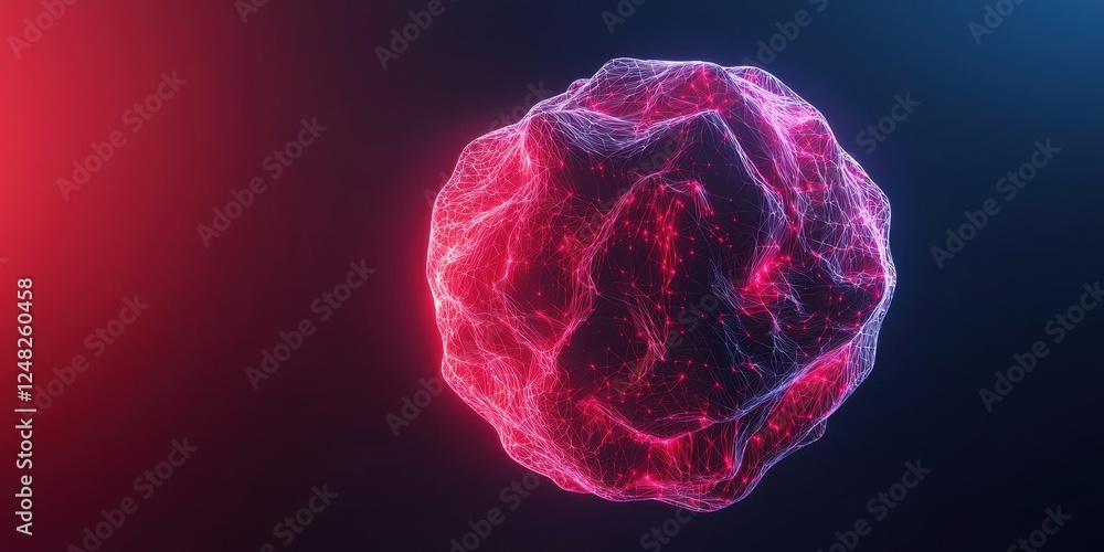 Poster a vibrant, abstract representation of a particle, glowing with red and blue hues against a dark back