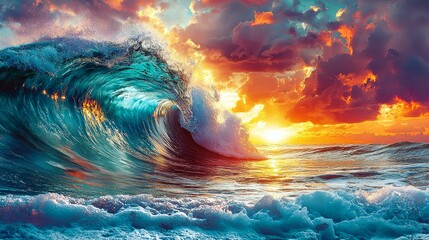 Fototapeta premium Majestic Ocean Wave at Sunset: Vibrant Colors and Dramatic Sky. A breathtaking seascape capturing the power and beauty of nature's artistry.