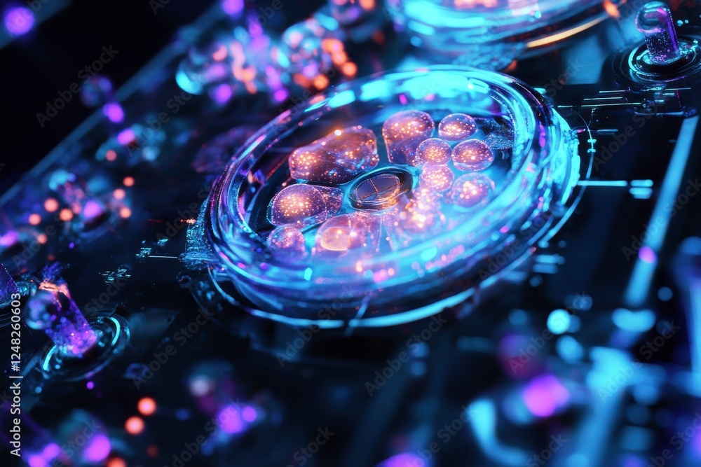 Poster a vibrant, close-up view of a futuristic technology design with glowing orbs and abstract patterns i