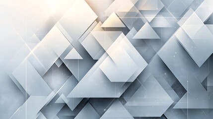 Tech-inspired abstract background featuring geometric triangle shapes and glossy squares in white and grey, great for banners, flyers, or digital design.