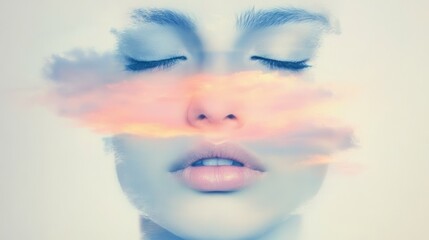 Fototapeta premium Dreamy woman's face with cloud overlay Serene beauty portrait with closed eyes and soft light evoking peace and relaxation