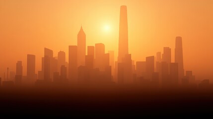 Naklejka premium Silhouette of Modern City Skyline at Sunset with Warm Orange Hues and Distinct Architectural Structures