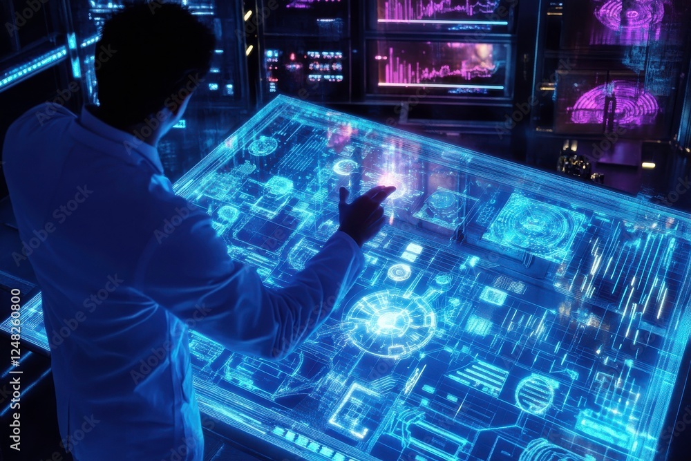 Poster a scientist interacts with a holographic interface, analyzing data visualizations in a futuristic la