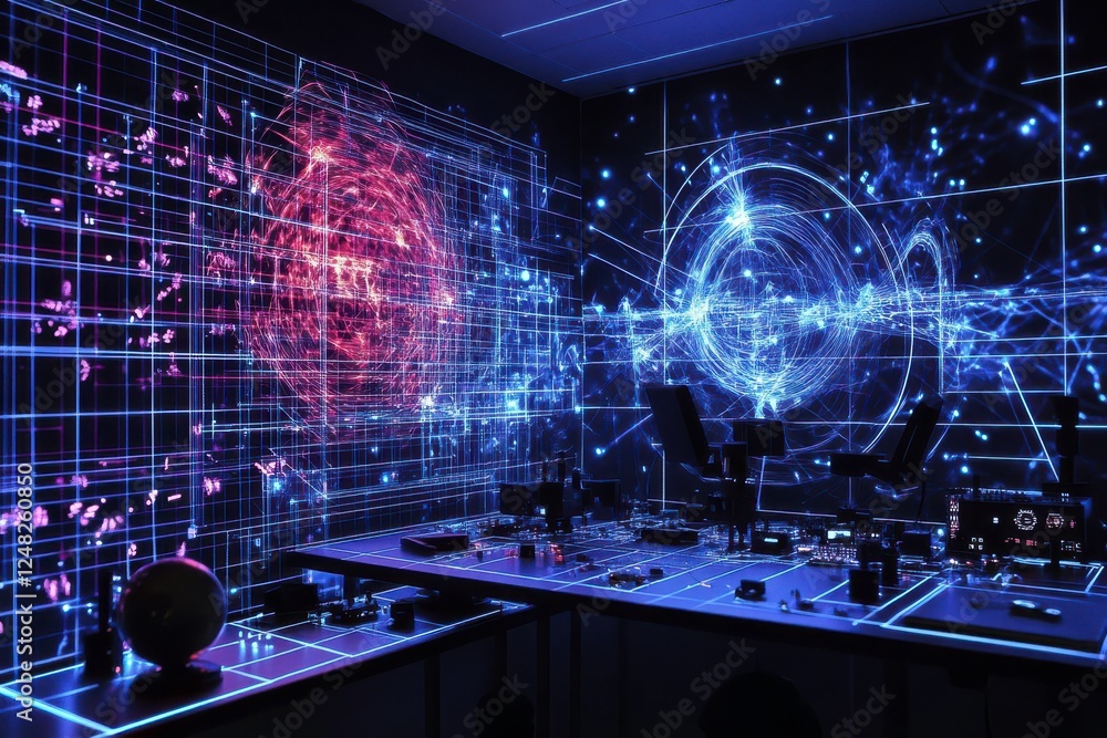 Poster a futuristic control room with vibrant blue and red digital projections, creating a dynamic and imme