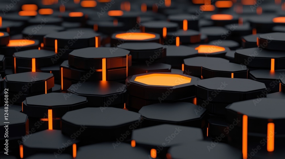 Aufkleber A close-up view of hexagonal shapes with glowing orange lights, creating a futuristic and dynamic visual effect.