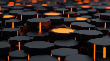 Obraz premium A close-up view of hexagonal shapes with glowing orange lights, creating a futuristic and dynamic visual effect.