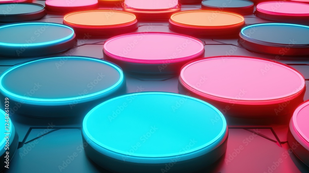 Poster a vibrant arrangement of circular, illuminated buttons in various colors, creating a modern, visuall