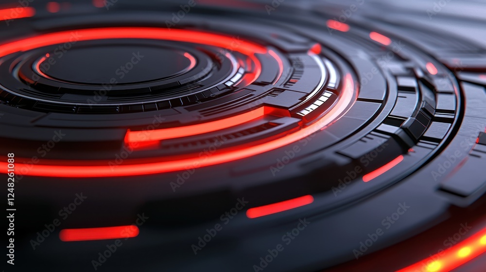 Poster A close-up of a futuristic, circular design featuring glowing red accents and intricate patterns, conveying a high-tech aesthetic.
