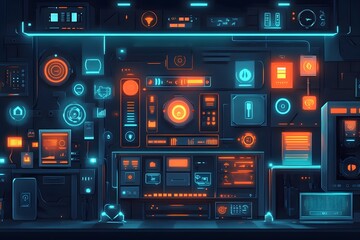 Futuristic Sci Fi Technology Dashboard with Neon Infographic Interface Elements