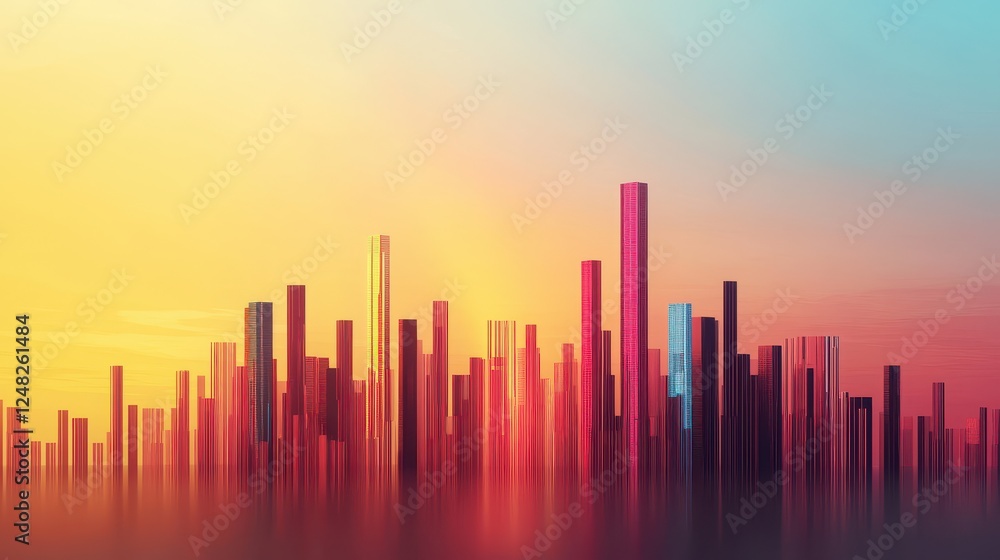 Poster a vibrant abstract city skyline at sunset, featuring colorful vertical structures against a gradient