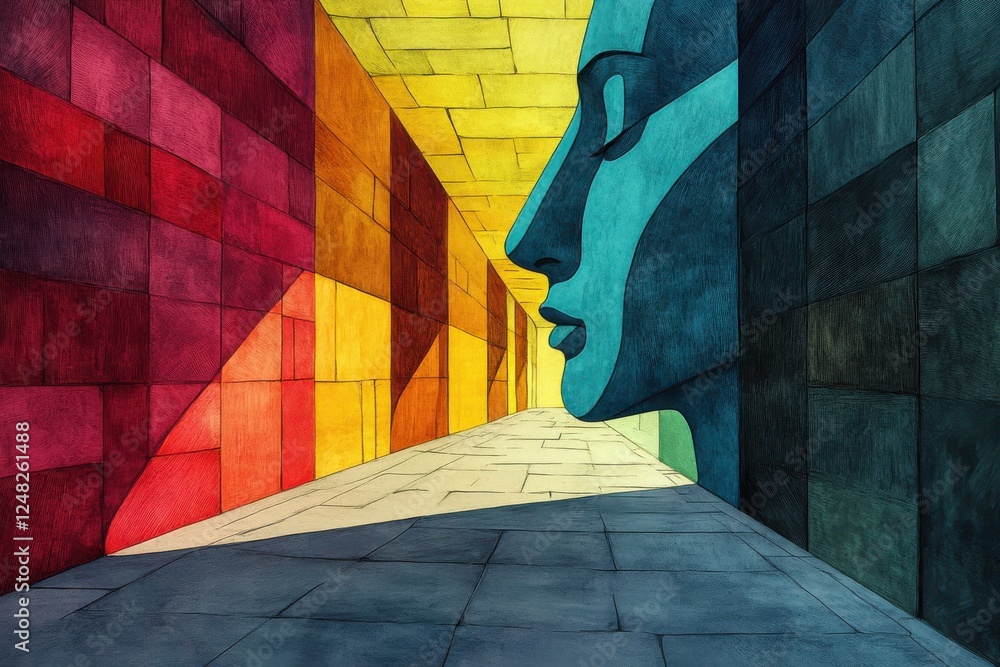 Poster a vibrant mural depicting a large head in profile, framed by colorful walls, creating an intriguing 