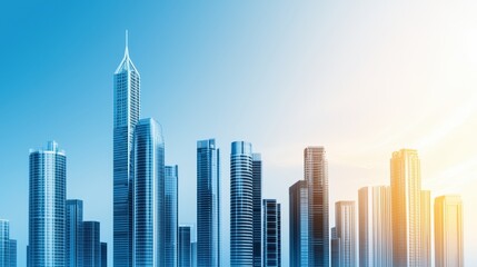Obraz premium A modern skyline at sunrise featuring sleek skyscrapers against a clear blue sky, showcasing urban architecture and vibrant colors.