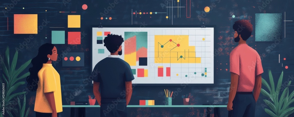 Poster a group analyzes data on a large screen, showcasing colorful graphs and charts, in a modern workspac