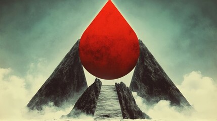 Surreal landscape featuring rocky peaks a pathway and a large stylized red droplet against a cloudy sky Evokes a sense of fantasy