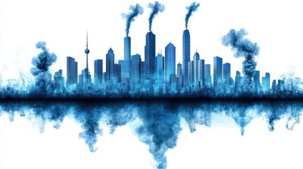 Obraz premium Urban skyline with smoke and pollution, reflecting on water, emphasizing environmental concerns and modern city challenges