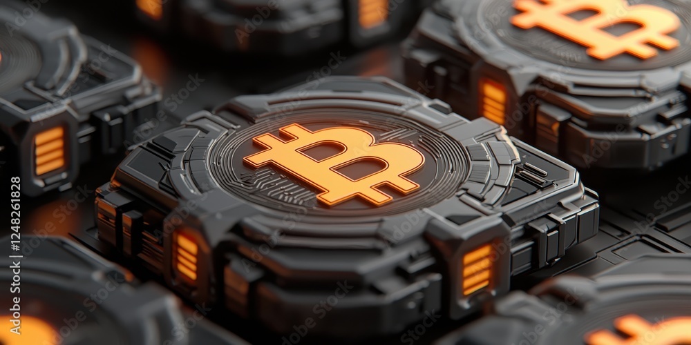 Poster a close-up view of bitcoin tokens, featuring a dark background and bright orange bitcoin symbols, re