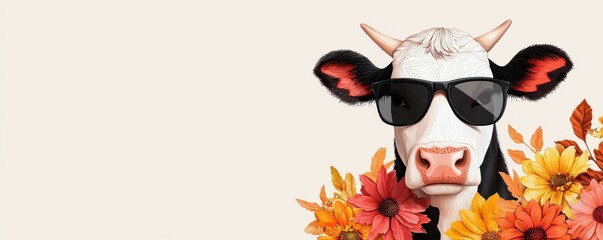 Cool cow with sunglasses and vibrant flowers.