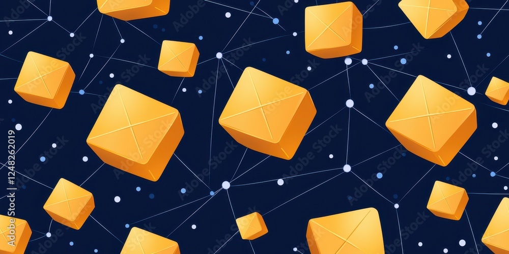 Poster a vibrant, abstract design featuring floating yellow cubes against a deep blue background, interconn