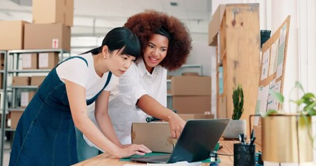 Warehouse, scanner and box with people in factory for dropshipping, wholesale export or cargo. Qr code, supply chain and ecommerce with employees for customer rating, inventory or logistics tracking - Powered by Adobe