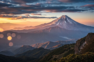 Majestic mountain peak at dawn with cinematic bokeh effect