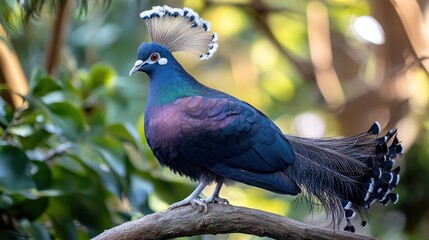 Majestic Victoria Crowned Pigeon perched on branch, lush green foliage background, wildlife photography