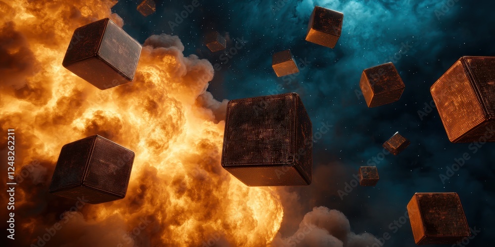 Aufkleber a dramatic scene featuring floating cubes amidst fiery explosions and vibrant clouds, creating a sur