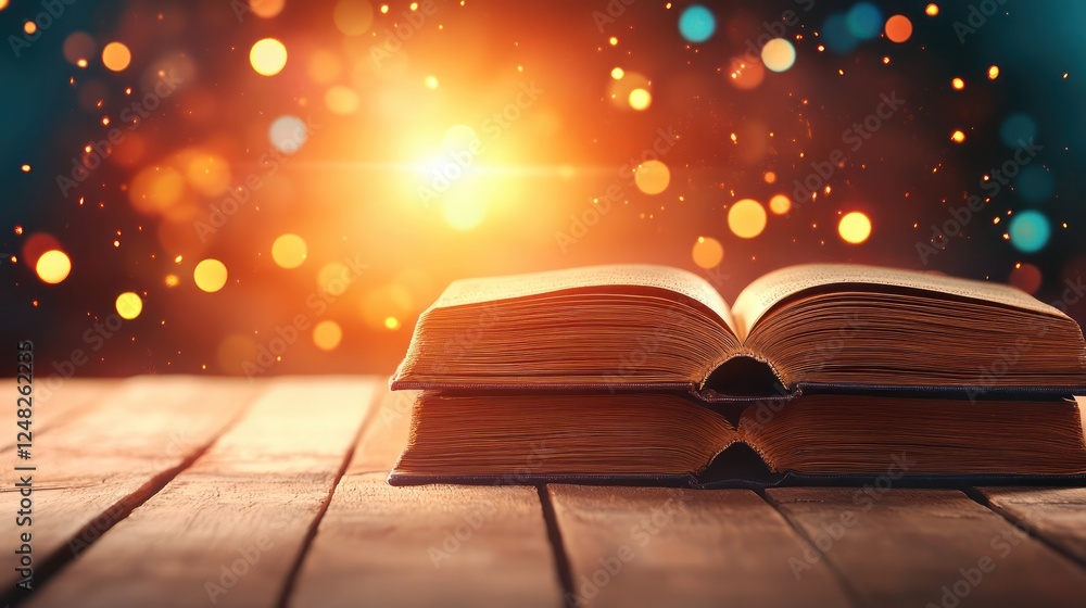 Poster open book on wooden table with soft light and bokeh effect creating a magical atmosphere