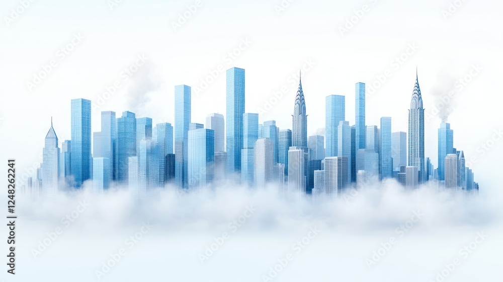 Poster ethereal cityscape with modern skyscrapers emerging from mist in a soft light background