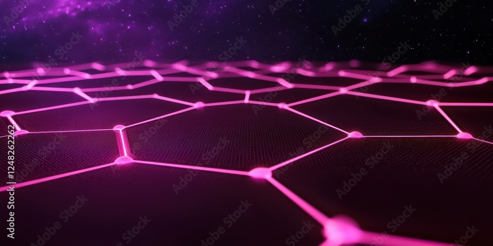 Poster A vibrant, hexagonal grid pattern shines in pink against a cosmic background, creating a futuristic and abstract visual appeal.