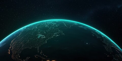 Obraz premium A glowing view of Earth from space, showcasing its curvature and illuminated regions against a dark starry background.