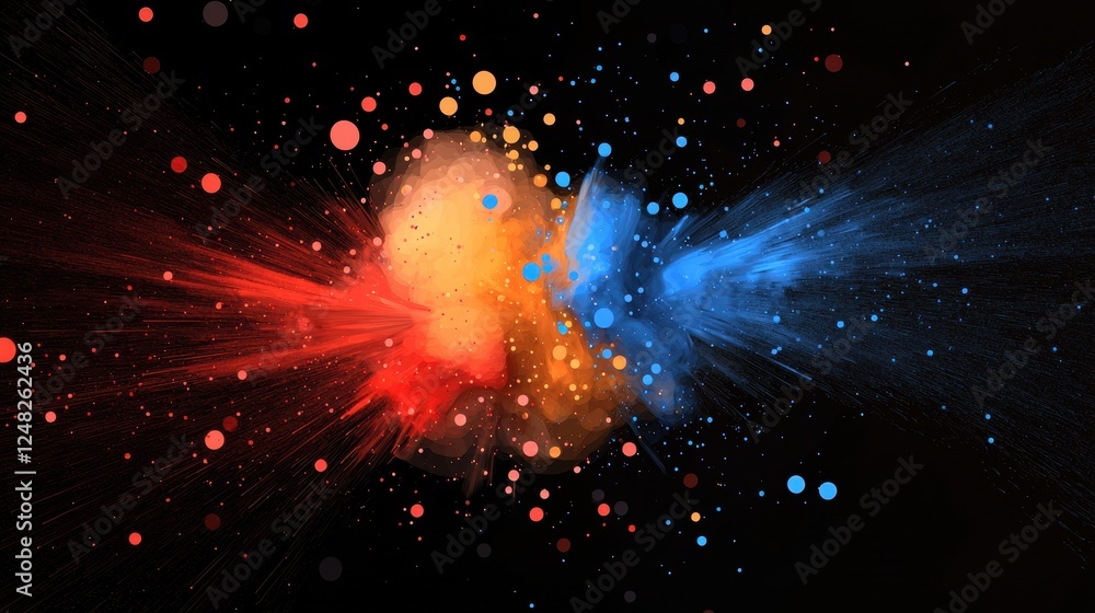 Poster a vibrant explosion of colors with red, orange, and blue hues against a dark background, creating a 