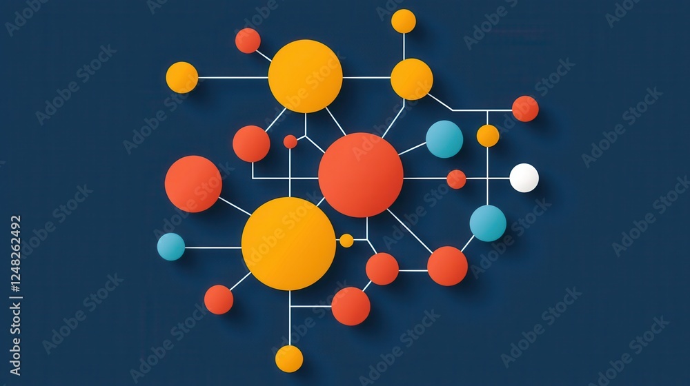 Poster A colorful abstract network of nodes and connections, illustrating relationships and interactions in a modern design.