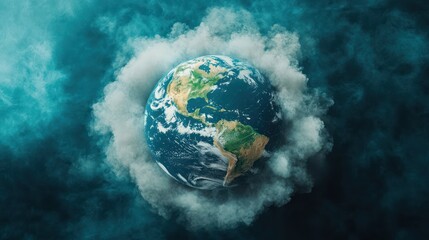 Stunning View of Earth Surrounded by Mist and Clouds on a Dark Turquoise Background