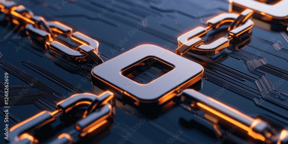 Poster A close-up of metallic chains interlinked on a circuit board, showcasing a modern digital and technological design.