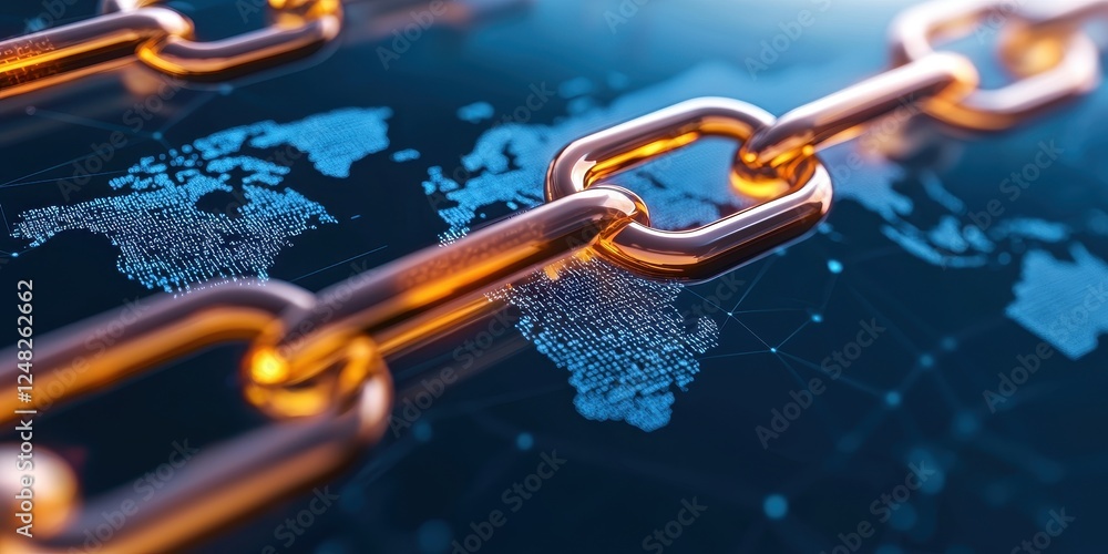 Aufkleber A close-up view of interconnected metallic chains over a digital world map, symbolizing connectivity and security in technology.