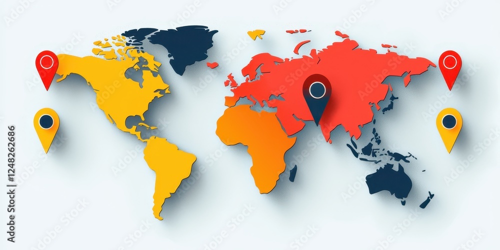 Poster A colorful world map featuring highlighted regions and location pins, emphasizing global connectivity and geographic diversity.