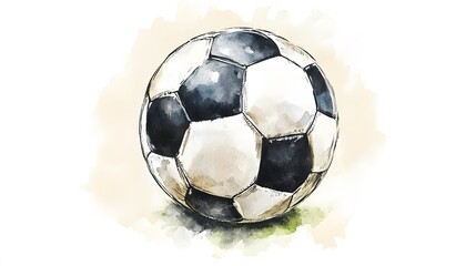 Watercolor style illustration of a black and white soccer ball