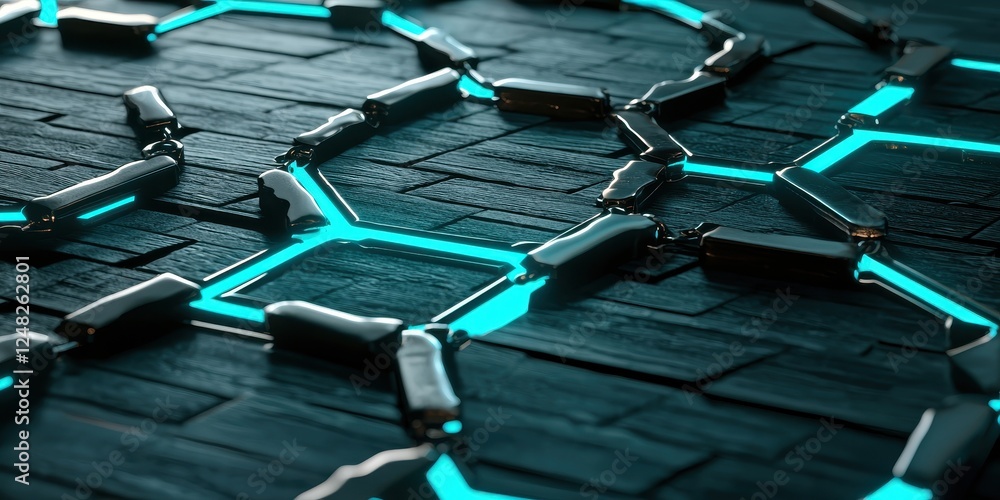 Poster A futuristic, illuminated network design with interconnected elements on a textured surface, evoking a high-tech atmosphere.